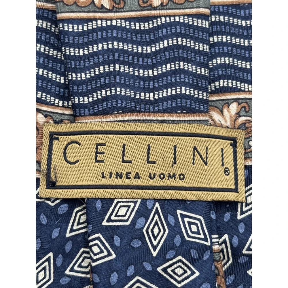 Cellini Uomo Men's 100% Silk Necktie Navy Blue Geometric Pattern Made in USA